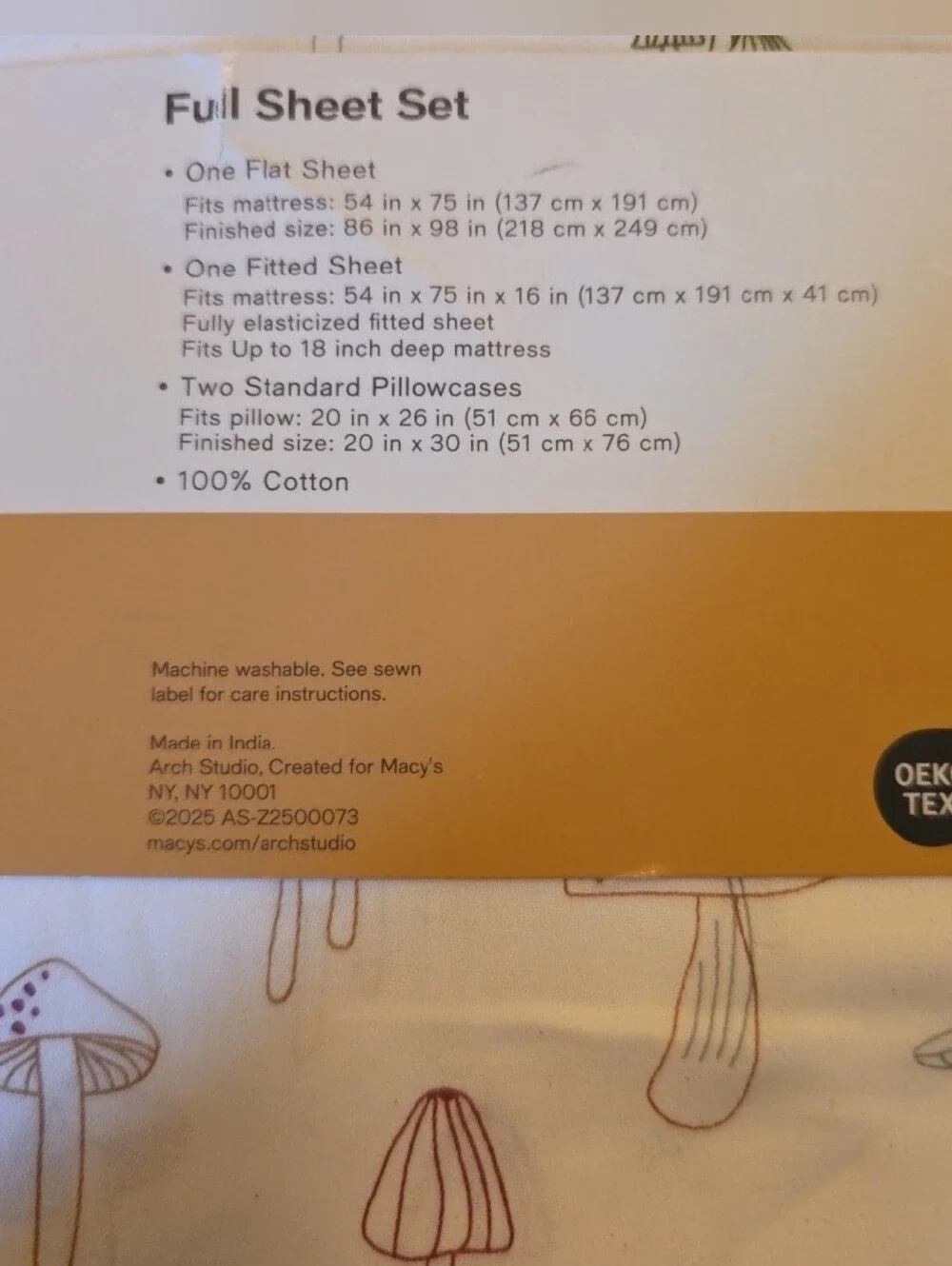 Sateen Mushroom Print Full Sheet Set 100% Cotton OEKO TEX BN